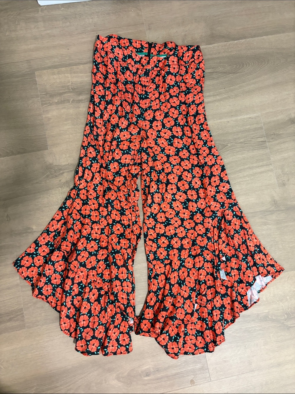 Anthropologie Floral Ruffled Wide-Leg Pants - Orange/Black